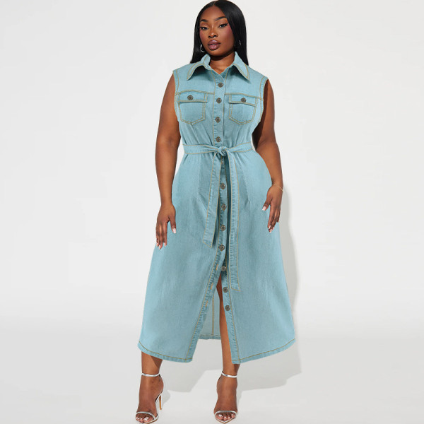 Oversized Women's Lapel Sleeveless Denim Tie Up Dress