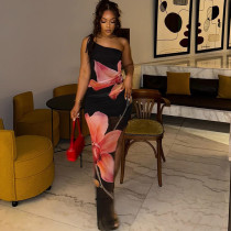 Mesh Perspective Diagonal Collar Sleeveless Split Skirt