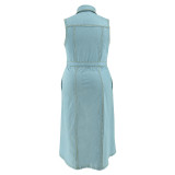 Oversized Women's Lapel Sleeveless Denim Tie Up Dress