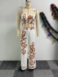 Two Piece Set of Printed Suspender High Waisted Wide Leg Pants