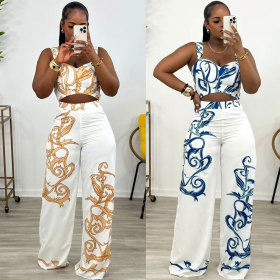 Two Piece Set of Printed Suspender High Waisted Wide Leg Pants