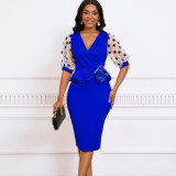 Mesh Flocked Bubble Sleeved V-neck Buttocks Wrapped Dress