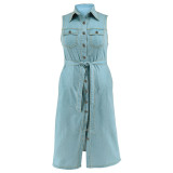 Oversized Women's Lapel Sleeveless Denim Tie Up Dress