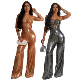 Tight Metal Color Strapless Jumpsuit Flared Pants