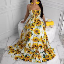 Yellow Sunflower Print Long Holiday Dress