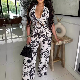 Flip Collar Printed Jumpsuit High Waisted Casual Pants