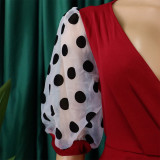 Mesh Flocked Bubble Sleeved V-neck Buttocks Wrapped Dress