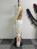 Two Piece Set of Printed Suspender High Waisted Wide Leg Pants