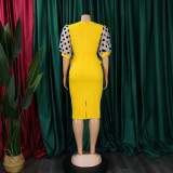 Mesh Flocked Bubble Sleeved V-neck Buttocks Wrapped Dress