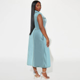 Oversized Women's Lapel Sleeveless Denim Tie Up Dress
