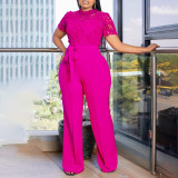 Lace  Cut Hollow Short Sleeved Strappy High Waisted Wide Leg Jumpsuit