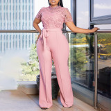 Lace  Cut Hollow Short Sleeved Strappy High Waisted Wide Leg Jumpsuit