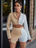 Short Women's Small Suit Set with Contrast Color Collar in Suit