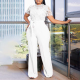 Lace  Cut Hollow Short Sleeved Strappy High Waisted Wide Leg Jumpsuit