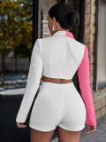 Short Women's Small Suit Set with Contrast Color Collar in Suit