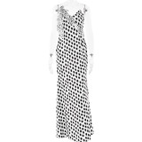Satin Polka Dot Printed Camisole Backless Long Skirt