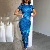 Printed Round Neck Short Sleeved High Waisted Dress