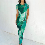 Printed Round Neck Short Sleeved High Waisted Dress