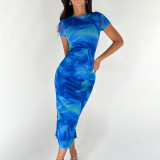 Printed Round Neck Short Sleeved High Waisted Dress