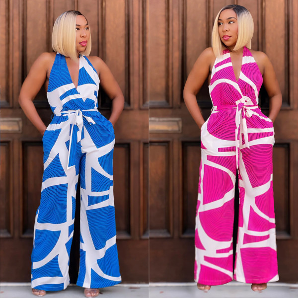 Printed Sleeveless V-neck Jumpsuit