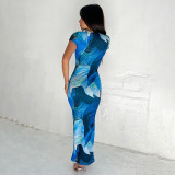 Printed Round Neck Short Sleeved High Waisted Dress