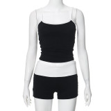 Hanging Strap Exposed Navel Contrasting Color Top Low Waisted Shorts Set