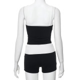 Hanging Strap Exposed Navel Contrasting Color Top Low Waisted Shorts Set