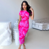 Printed Round Neck Short Sleeved High Waisted Dress