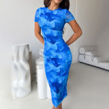 Printed Round Neck Short Sleeved High Waisted Dress