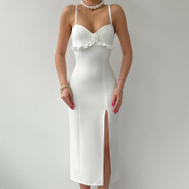 Solid Color Camisole Lace Slit Dress