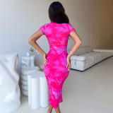Printed Round Neck Short Sleeved High Waisted Dress