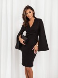 V-neck Fashionable Split Long Sleeved Solid Color Slim Fit Dress