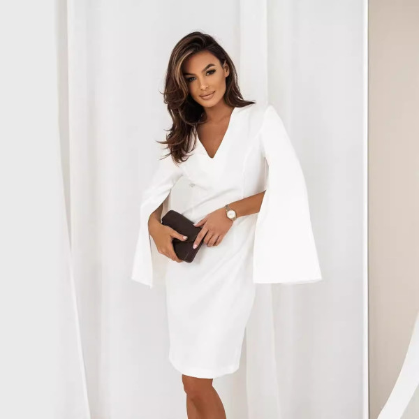 V-neck Fashionable Split Long Sleeved Solid Color Slim Fit Dress