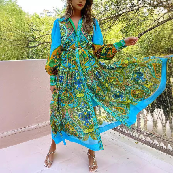 Printed Cardigan with Lace Up Hem and Lapel Long Sleeved Dress
