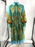 Printed Cardigan with Lace Up Hem and Lapel Long Sleeved Dress