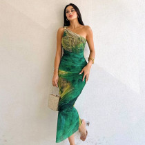 Printed One Shoulder High Waist Wrapped Hip Skirt