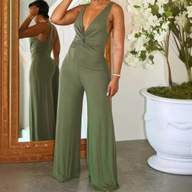 Sleeveless Deep V-knot Casual Solid Color Jumpsuit