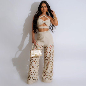 Hanging Strap Top Paired with Hollowed Out Wide Leg Pants Burnt Flower Two-piece Set