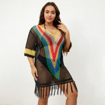 Beach Cover Up Knitted Hollow Holiday Multicolor Patchwork Bikini Cover Up