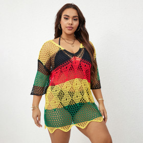 Beach Cover Up Knitted Hollow Holiday Long Dress Four Color Patchwork Bikini Cover Up