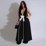 Camellia Bow Sleeveless Long Vest Skirt Wide Leg Pants Set