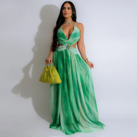 Lace Up Sleeveless V-neck Printed Large Hem Dress