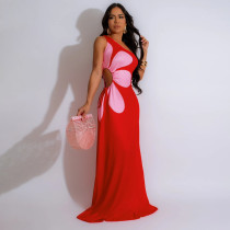 Diagonal Shoulder Hollowed Out Printed Long Skirt