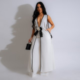 Camellia Bow Sleeveless Long Vest Skirt Wide Leg Pants Set