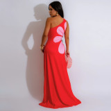 Diagonal Shoulder Hollowed Out Printed Long Skirt