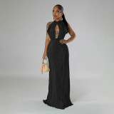 Open Back Formal Solid Color Pleated Dress