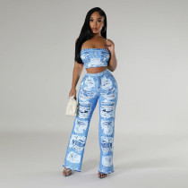 Slim Fit Micro Flared Pants with Suspender Top Fashionable Printed Two-piece Set Without Pockets