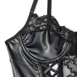 Black Lace Tied Bow and PU Leather Sexy Tight Jumpsuit