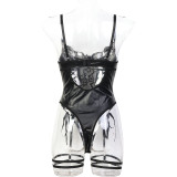 Black Lace Tied Bow and PU Leather Sexy Tight Jumpsuit