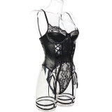 Black Lace Tied Bow and PU Leather Sexy Tight Jumpsuit